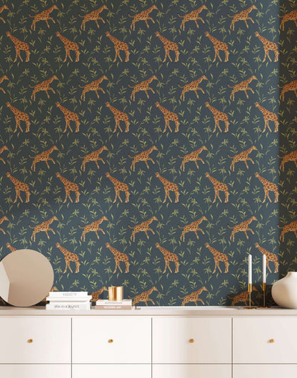 Mitchell Black Gentle Giraffe Wallpaper - Denim Garden