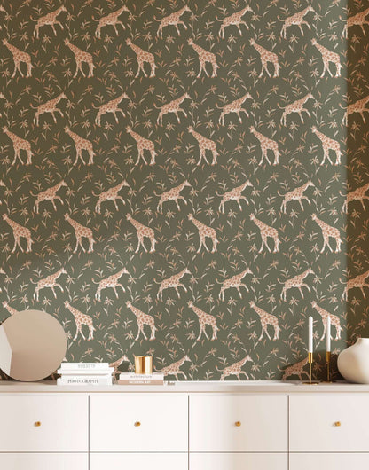 Mitchell Black Gentle Giraffe Wallpaper - Olive Clay