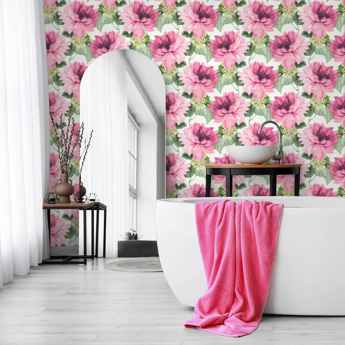 Harry & Grace Watercolor Floral Peel & Stick Wallpaper - Cerise Pink & Evergreen