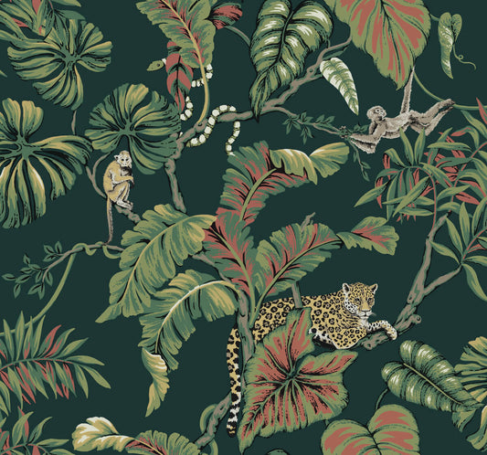Ronald Redding Traveler Jungle Cat Wallpaper - Dark Green