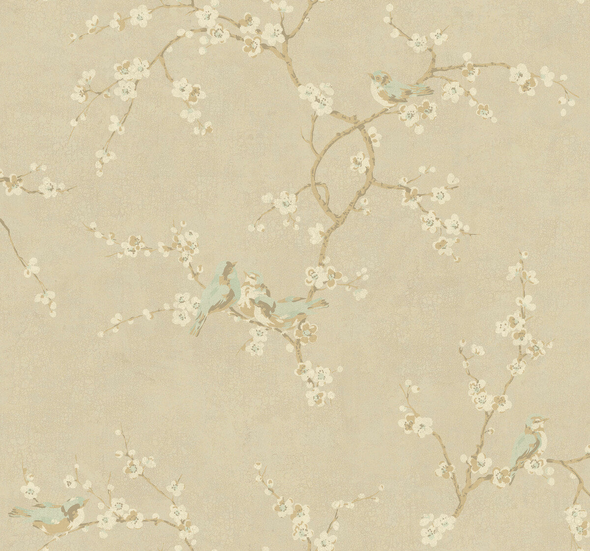 Handpainted III Birds with Blossoms Wallpaper - Taupe