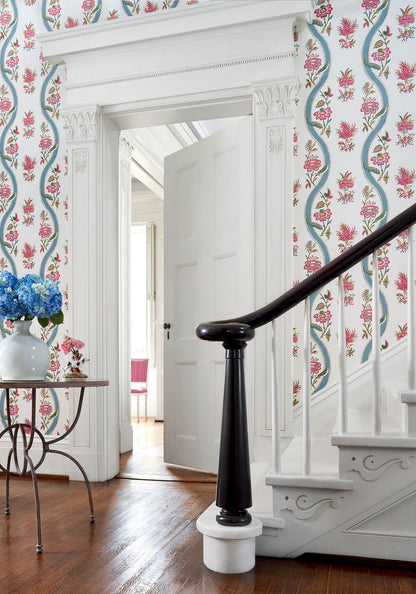 Thibaut Indienne Ribbon Floral Wallpaper - Raspberry & Teal