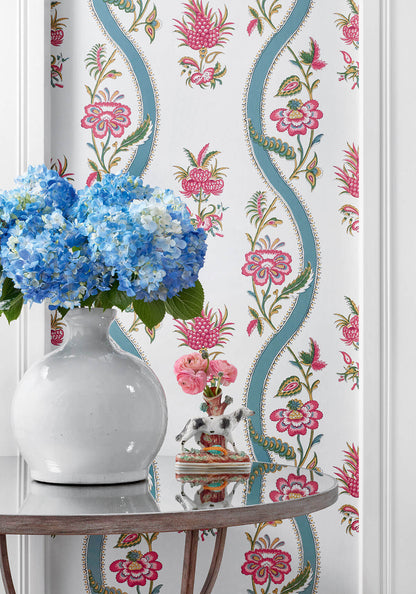 Thibaut Indienne Ribbon Floral Wallpaper - Raspberry & Teal