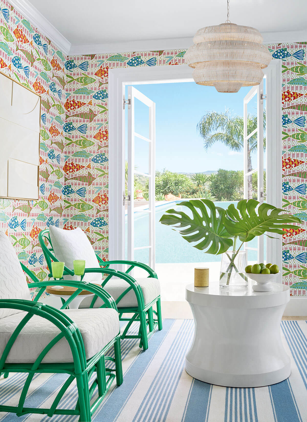 Thibaut Islander Batik Fish Wallpaper - Coral & Blue