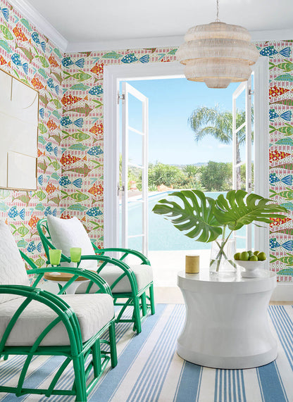 Thibaut Islander Batik Fish Wallpaper - Coral & Blue