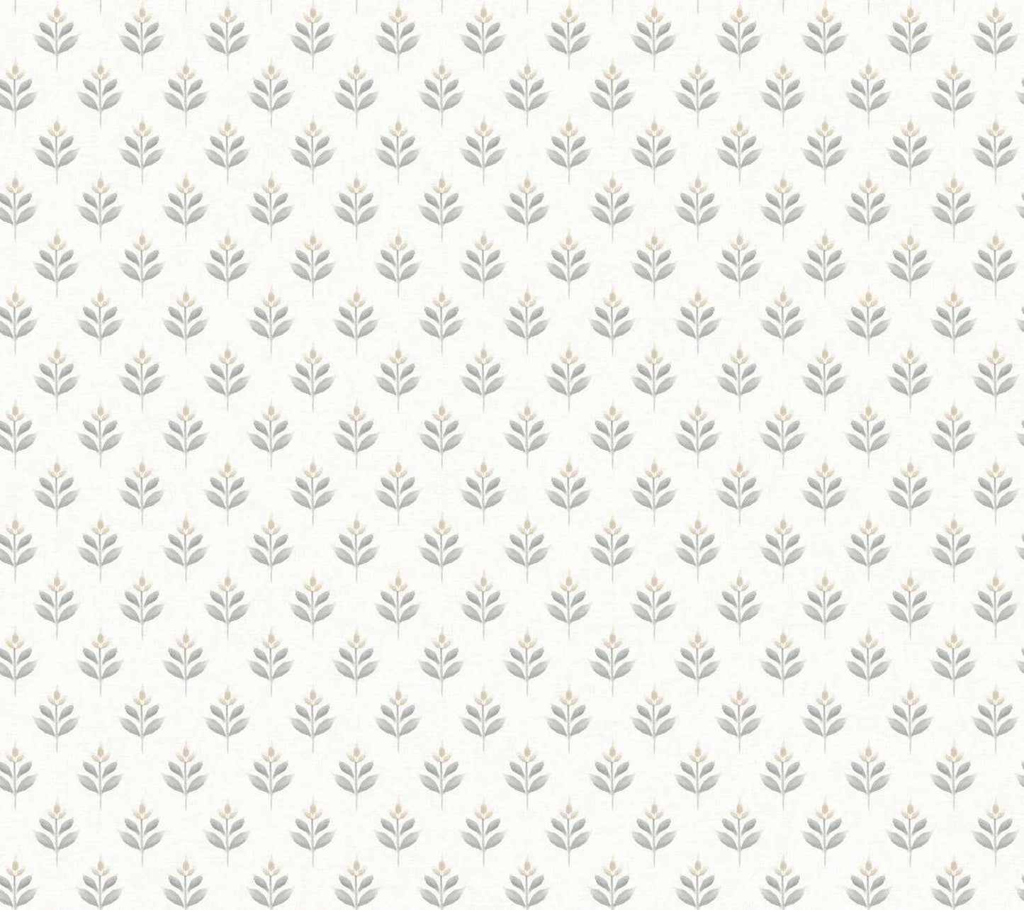 A repeating botanical pattern of small gray leaf motifs with pale blush-tan centers on a warm off-white background.
