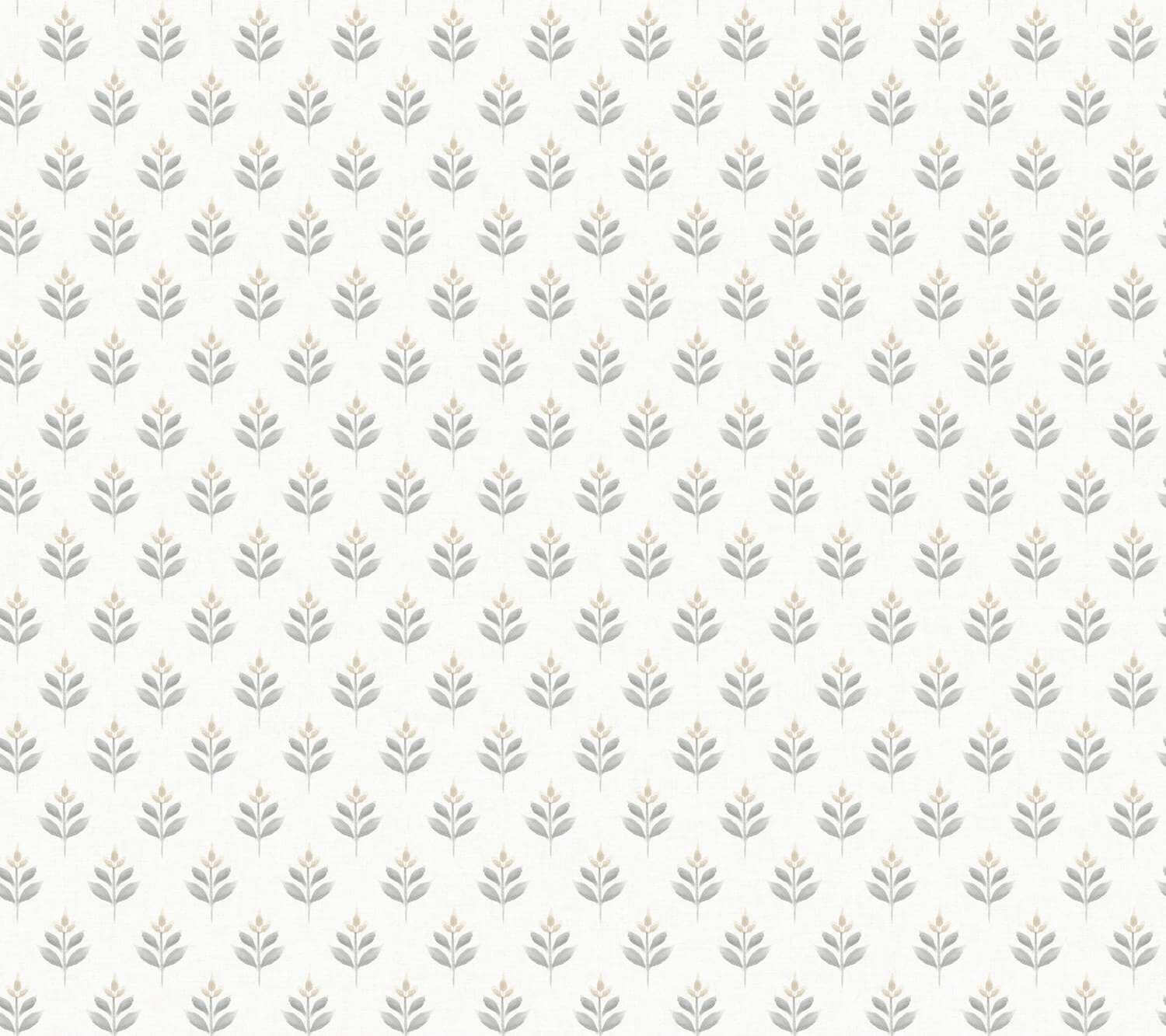 A repeating botanical pattern of small gray leaf motifs with pale blush-tan centers on a warm off-white background.