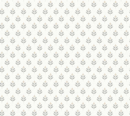 A repeating botanical pattern of small gray leaf motifs with pale blush-tan centers on a warm off-white background.