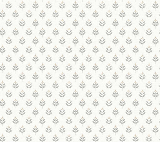 A repeating botanical pattern of small gray leaf motifs with pale blush-tan centers on a warm off-white background.