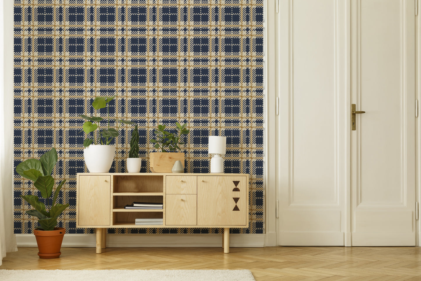 Mitchell Black Co-Ed Clark Plaid Wallpaper - Navy Gold Coast