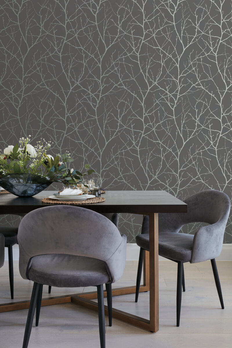 Antonina Vella Modern Metals Second Edition Trees Silhouette Wallpaper - Charcoal & Silver