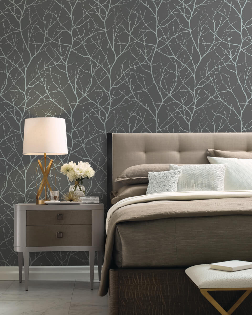 Antonina Vella Modern Metals Second Edition Trees Silhouette Wallpaper - Charcoal & Silver