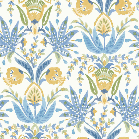 Mediterranean Seaside Jacobean Wallpaper - Blue