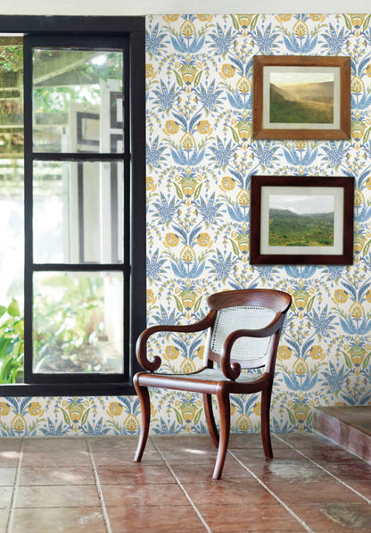 Mediterranean Seaside Jacobean Wallpaper - Blue