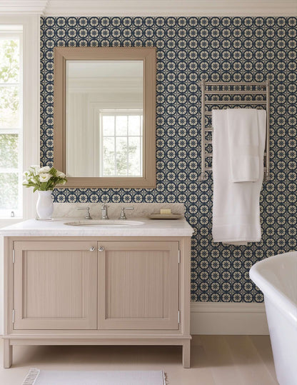 Mitchell Black Medallion Wallpaper - Oxford Blue