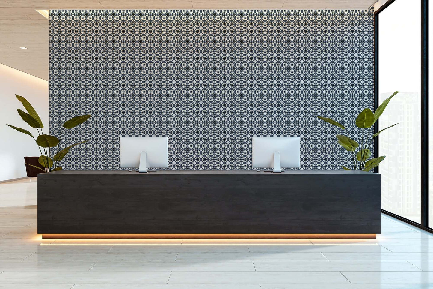 Mitchell Black Medallion Wallpaper - Oxford Blue