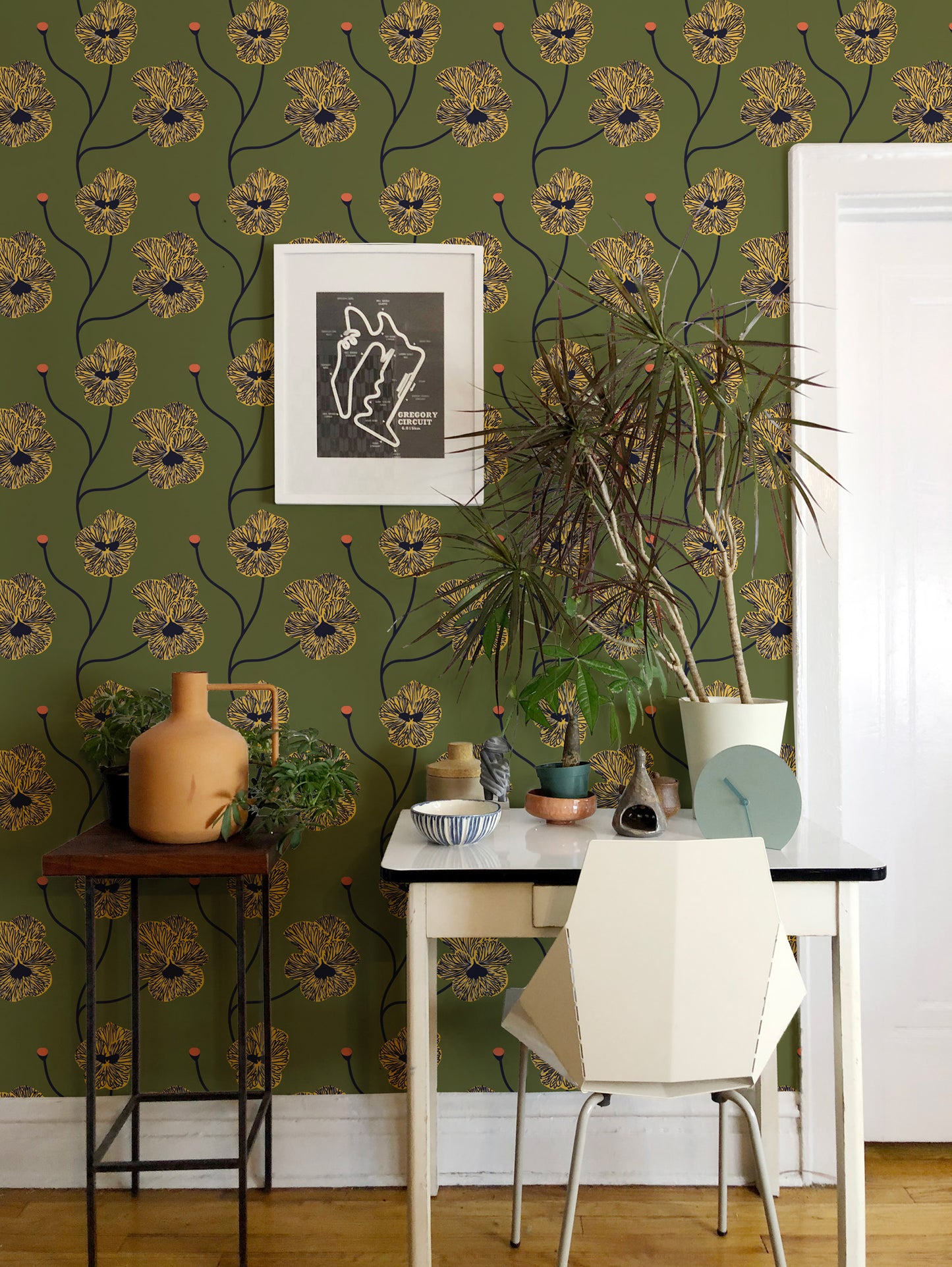 Mitchell Black Natalie Papier Flourish Floral Wallpaper - Olive Canary