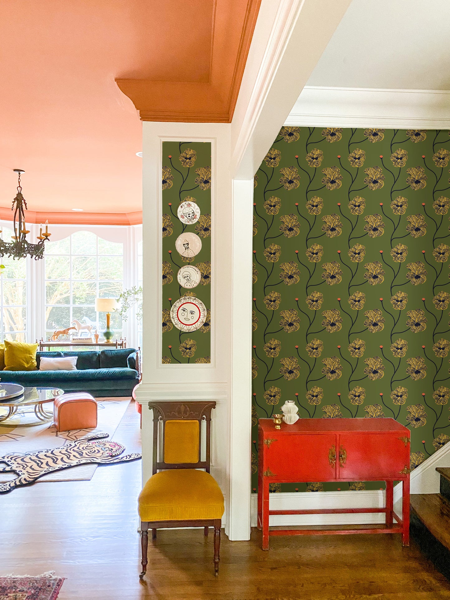 Mitchell Black Natalie Papier Flourish Floral Wallpaper - Olive Canary