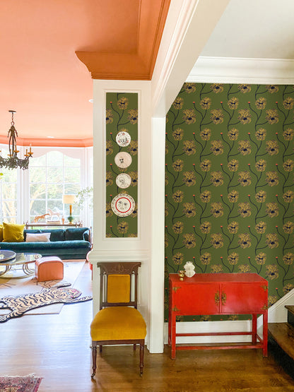 Mitchell Black Natalie Papier Flourish Floral Wallpaper - Olive Canary