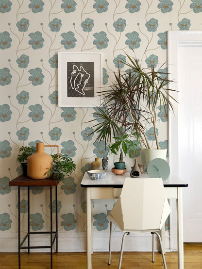 Mitchell Black Natalie Papier Flourish Floral Wallpaper - Sunbleached Teal