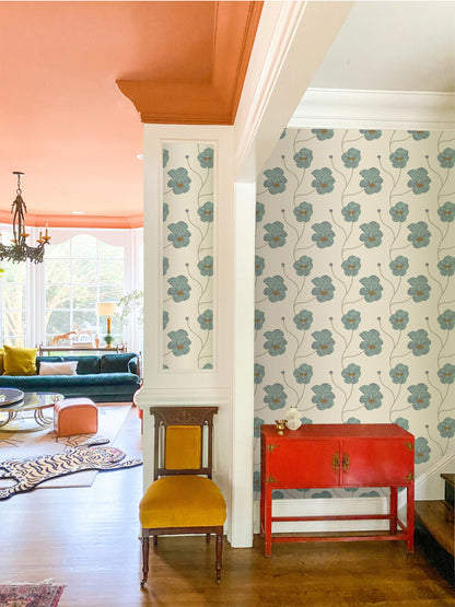 Mitchell Black Natalie Papier Flourish Floral Wallpaper - Sunbleached Teal