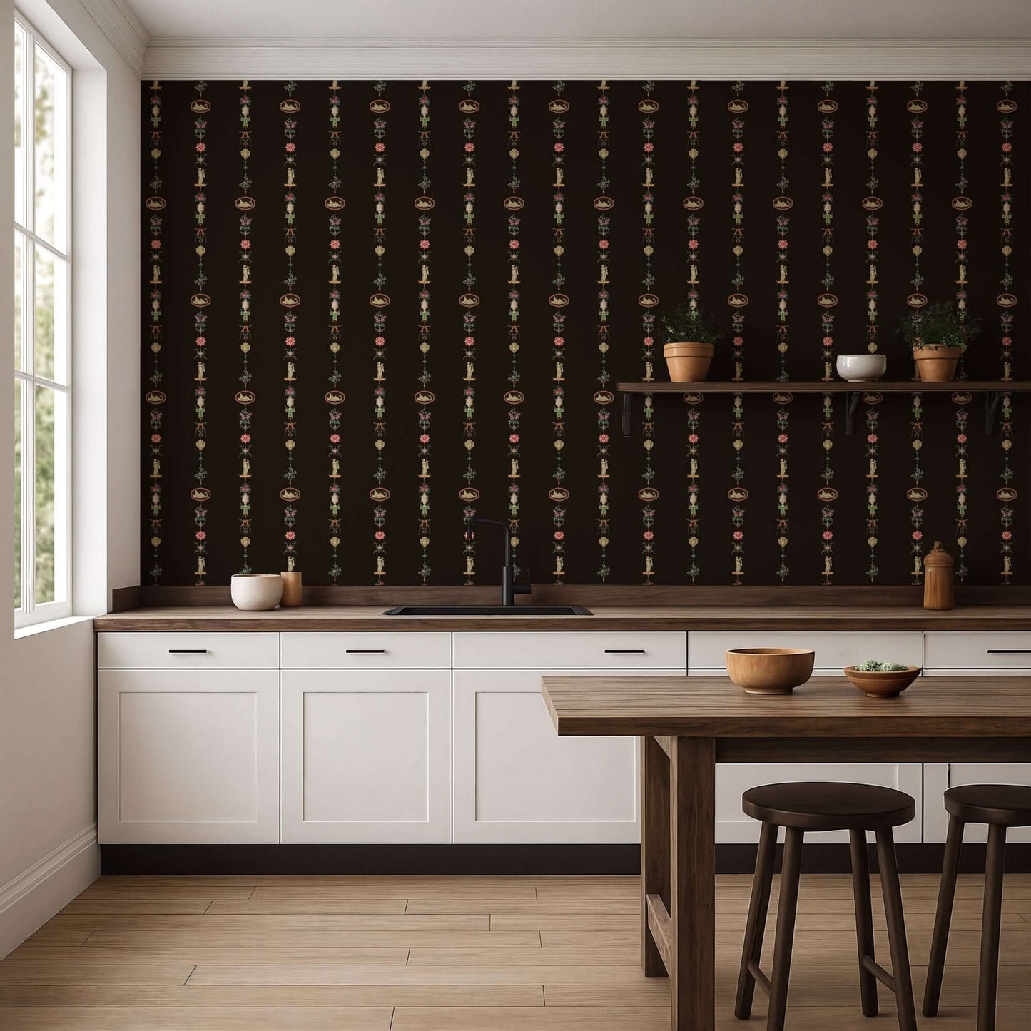 Mitchell Black NeoClassical Stripe Wallpaper - Black Lacquer