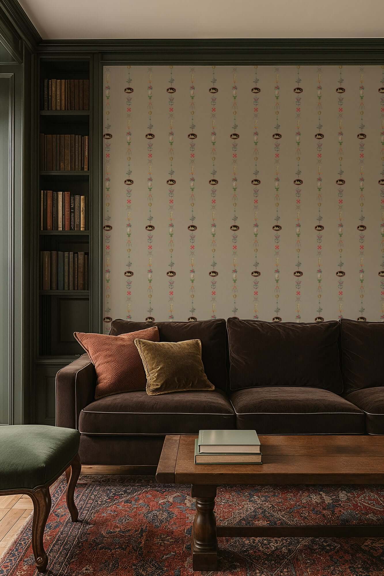 Mitchell Black NeoClassical Stripe Wallpaper - Parchment Brown