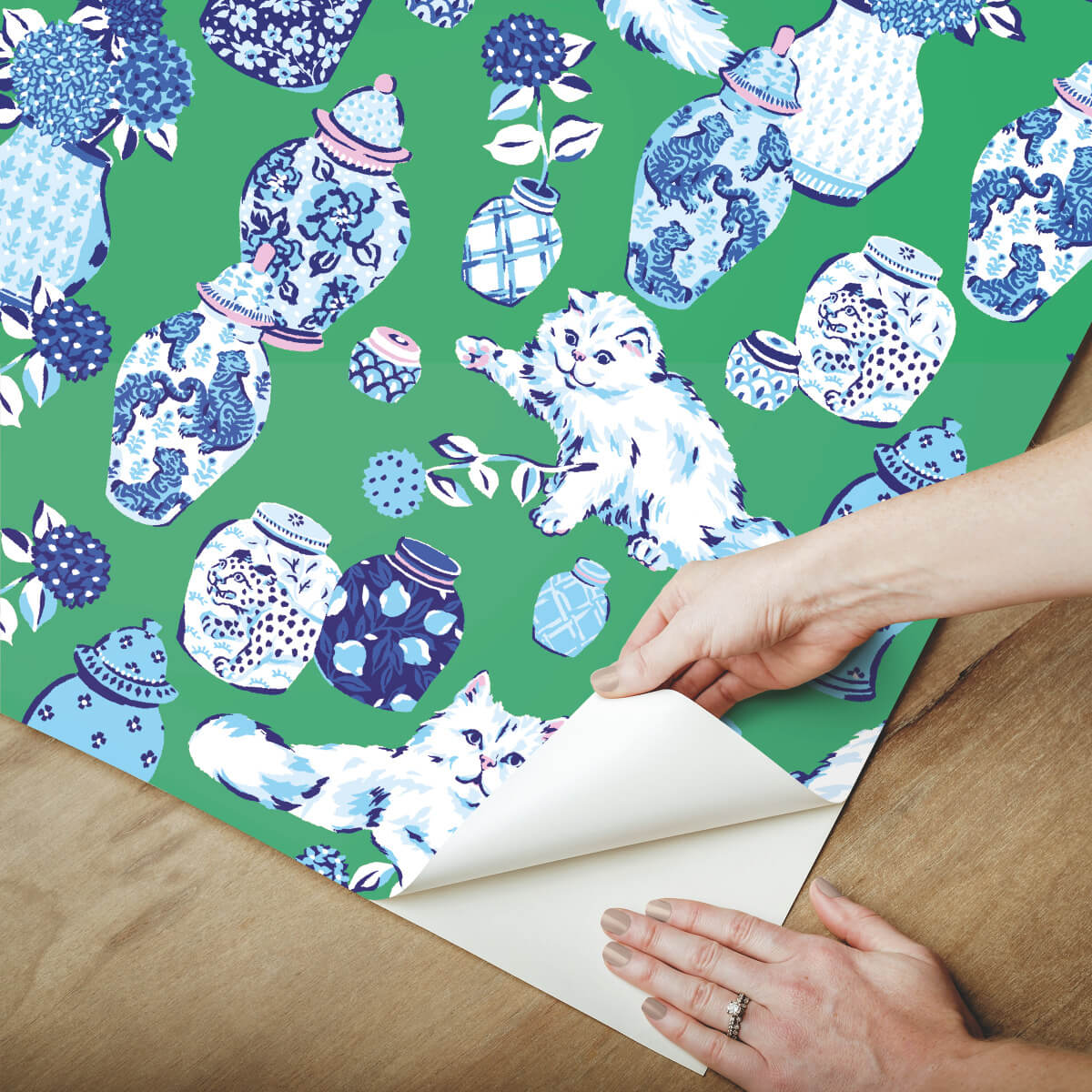 Fancy Cats Peel & Stick Wallpaper Sample - Green