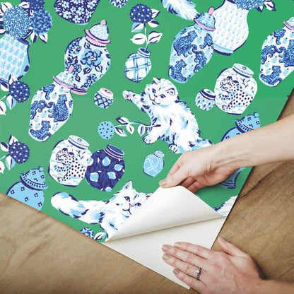 Fancy Cats Peel & Stick Wallpaper Sample - Green