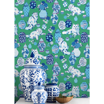 Fancy Cats Peel & Stick Wallpaper Sample - Green