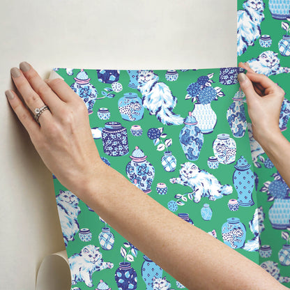 Fancy Cats Peel & Stick Wallpaper Sample - Green