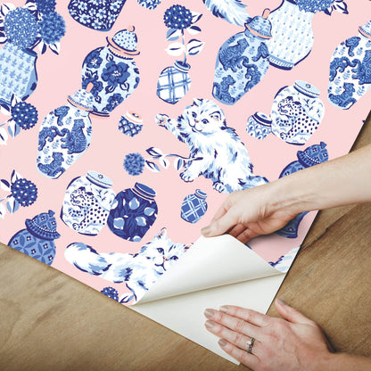 Fancy Cats Peel & Stick Wallpaper Sample - Pink