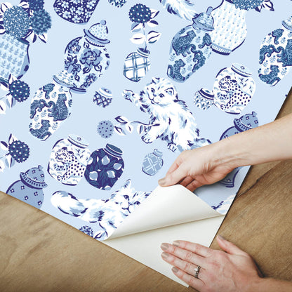 Fancy Cats Peel & Stick Wallpaper Sample - Blue