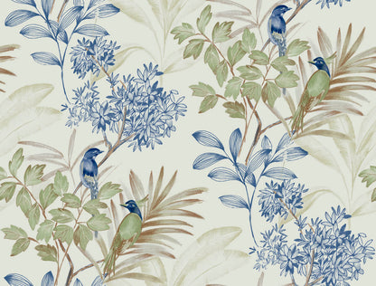 Watercolor Botanicals Handpainted Songbird Peel & Stick Wallpaper - Green & Blue