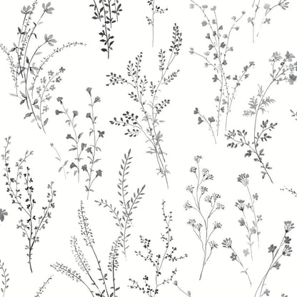 Watercolor Botanicals Wildflower Sprigs Peel & Stick Wallpaper - Black & White