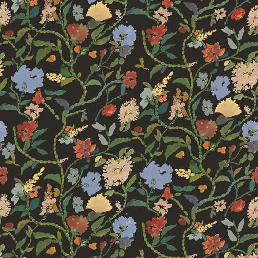 Mitchell Black Painted Flower Patch Wallpaper - Midnight Bloom
