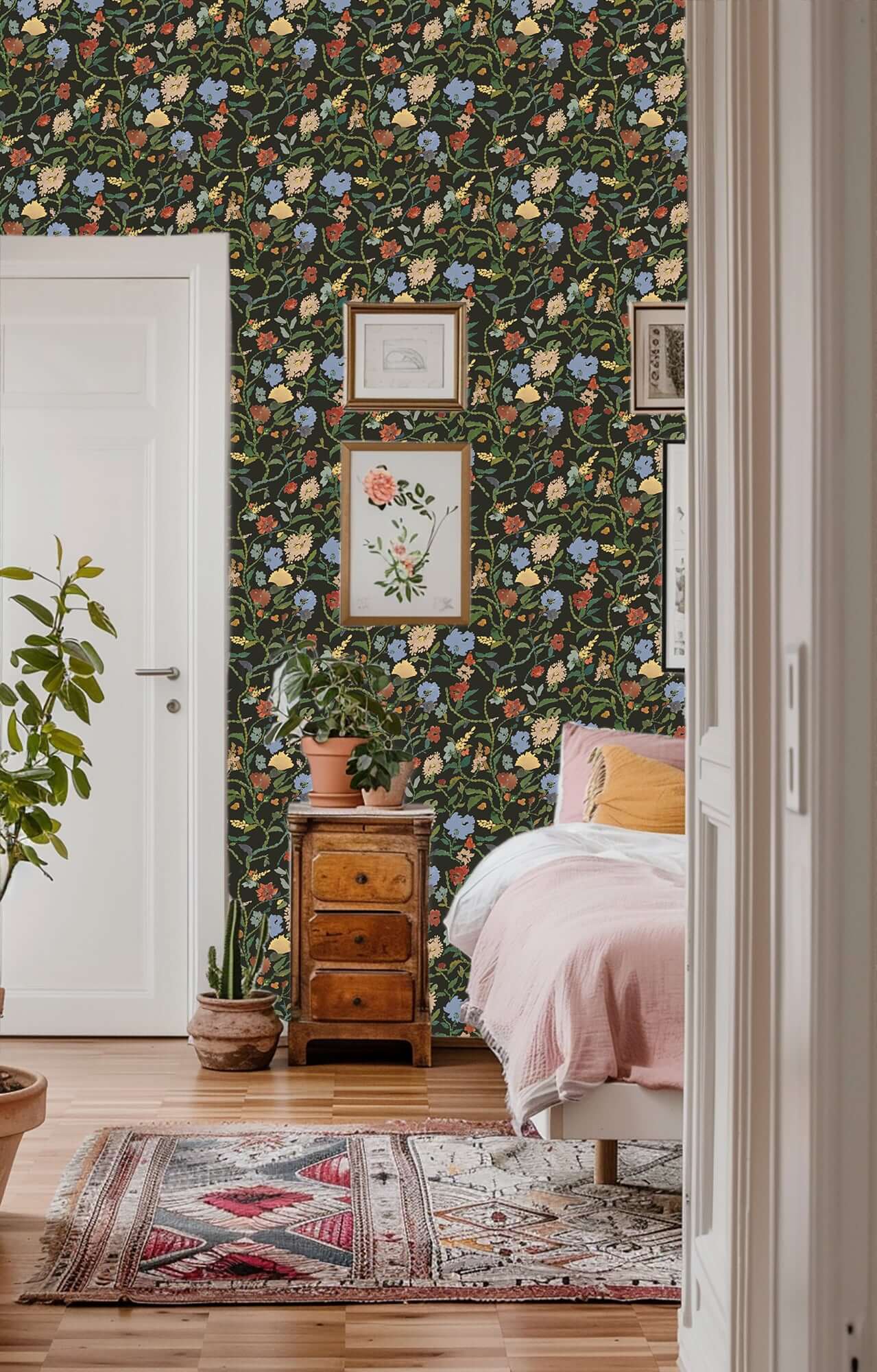 Mitchell Black Painted Flower Patch Wallpaper - Midnight Bloom