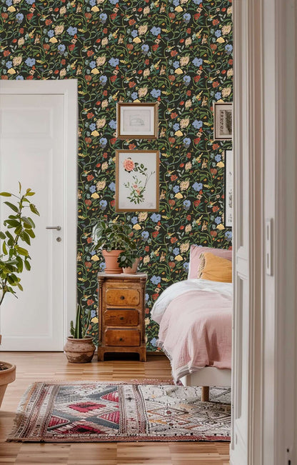 Mitchell Black Painted Flower Patch Wallpaper - Midnight Bloom