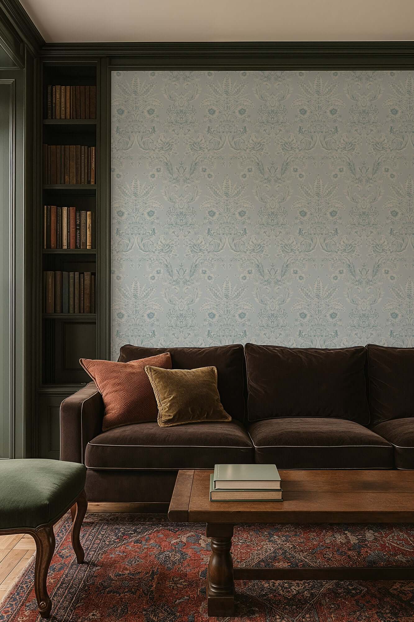 Mitchell Black Parlor Paper Wallpaper - Blue Feather