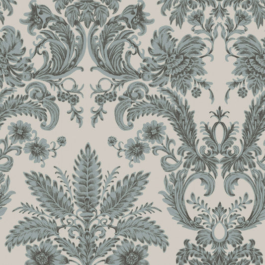 Decorative pattern with blue floral and leaf designs on a light background