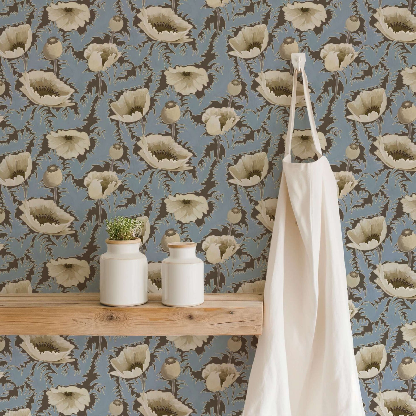 Mitchell Black Poppy Bloom Wallpaper - Brownstone Blue