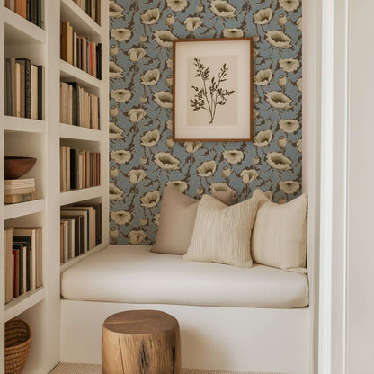 Mitchell Black Poppy Bloom Wallpaper - Brownstone Blue
