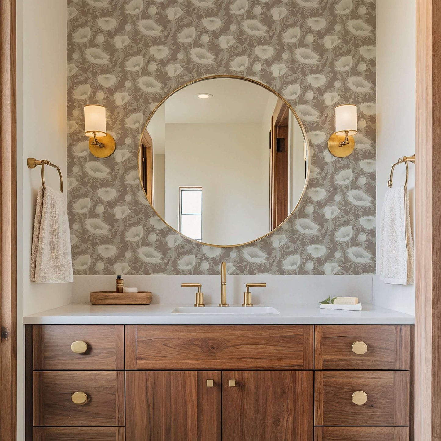 Mitchell Black Poppy Bloom Wallpaper - Earthen Taupe