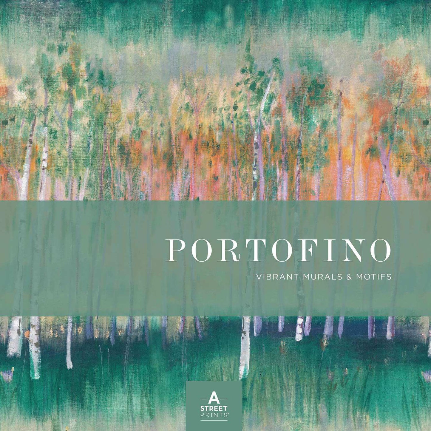 A square art print cover titled "PORTOFINO" with the subtitle "Vibrant Murals & Motifs" and the A. Storey Prints logo at the bottom.