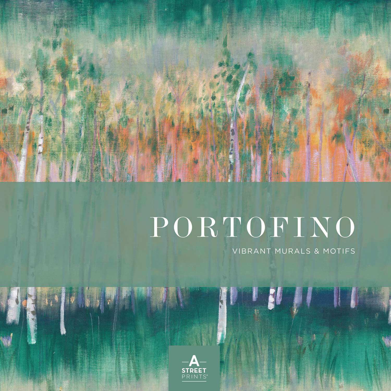 A square art print cover titled "PORTOFINO" with the subtitle "Vibrant Murals & Motifs" and the A. Storey Prints logo at the bottom.