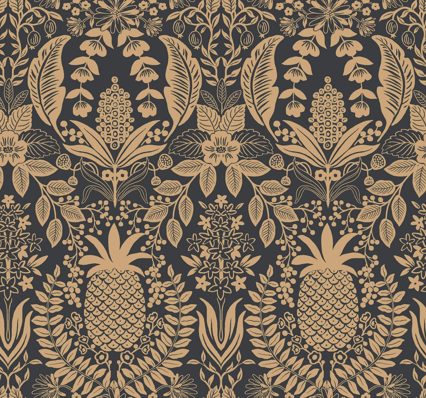 Rifle Paper Co. 3rd Edition Pineapple Damask Wallpaper - Black
