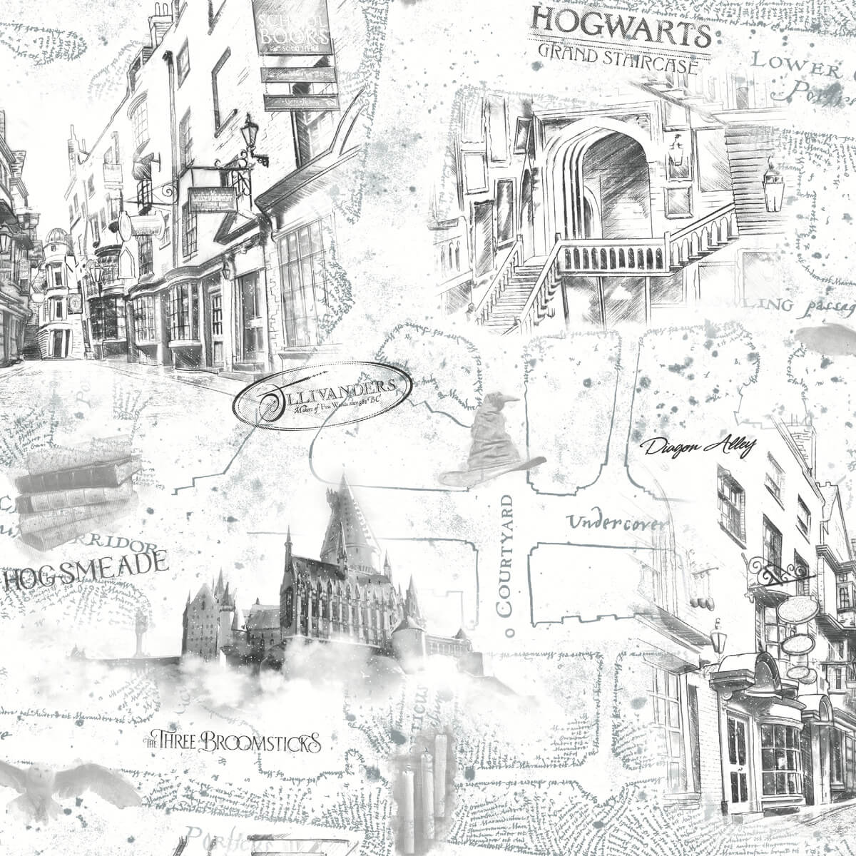 Harry Potter Hogwarts Map Peel & Stick Wallpaper - Black & White