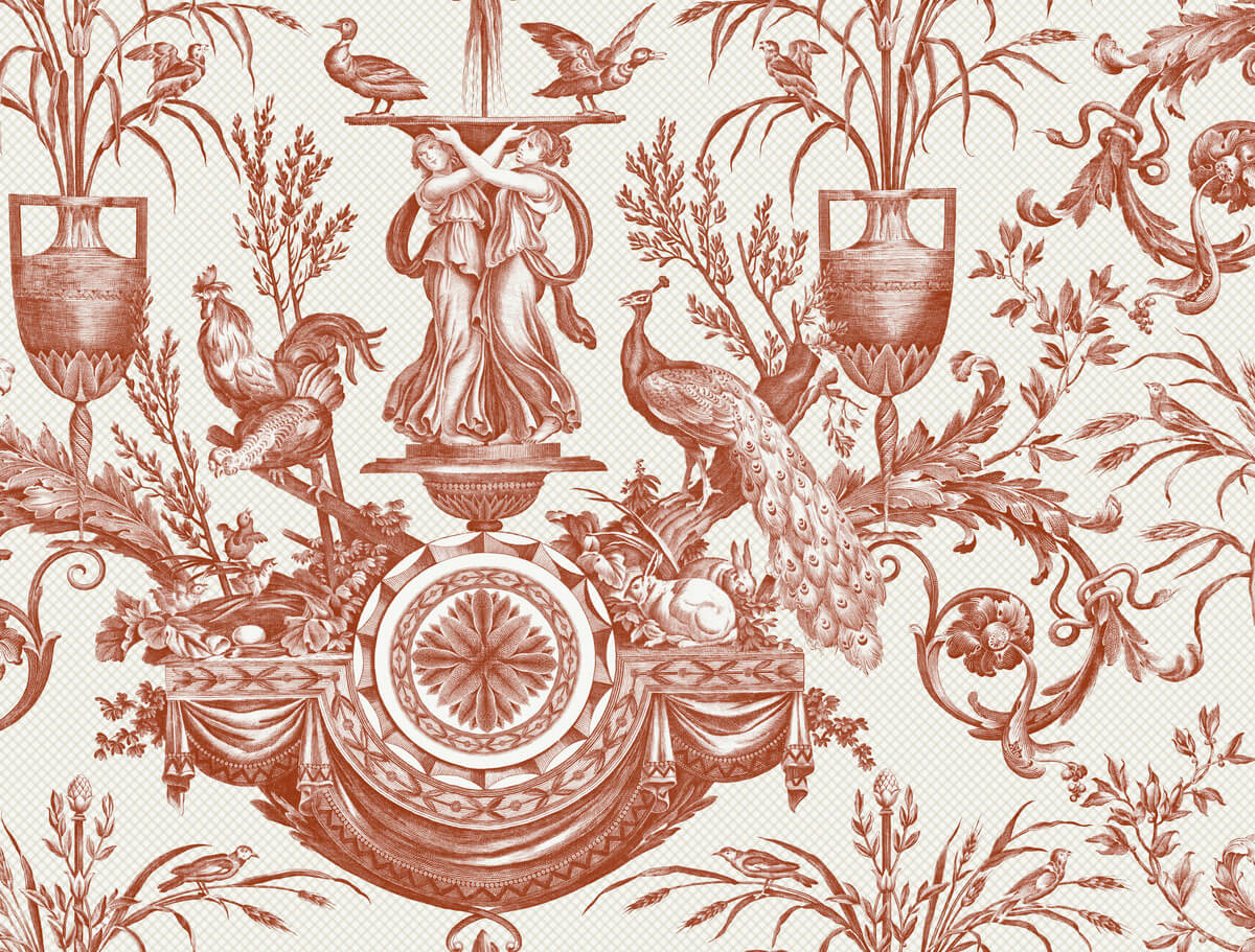 Toile Resource Library Avian Fountain Toile Wallpaper - Red