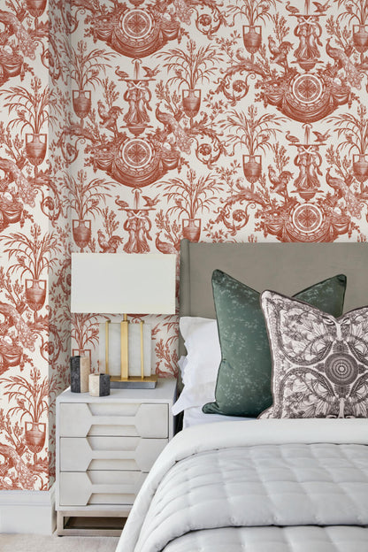 Toile Resource Library Avian Fountain Toile Wallpaper - Red