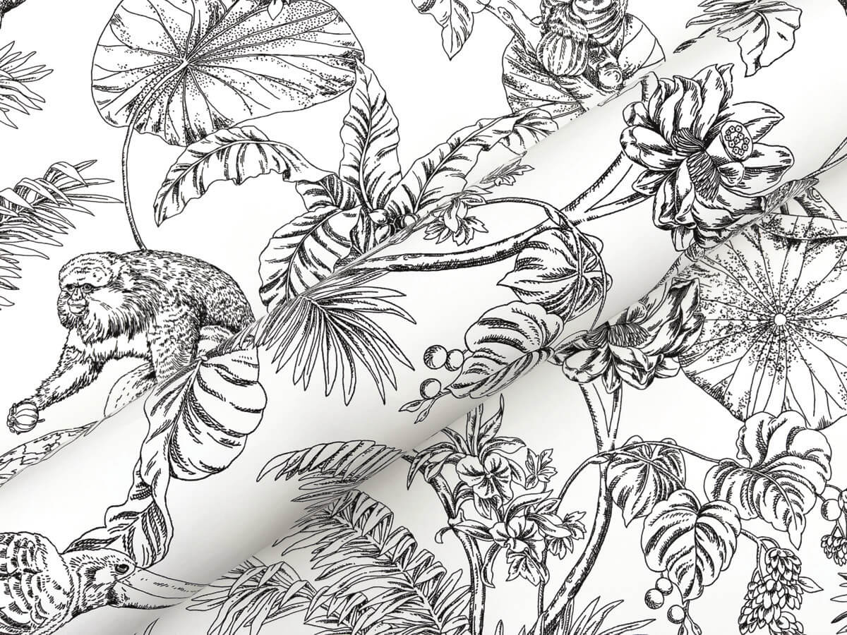 Toile Resource Library Tropical Sketch Toile Wallpaper - Gray